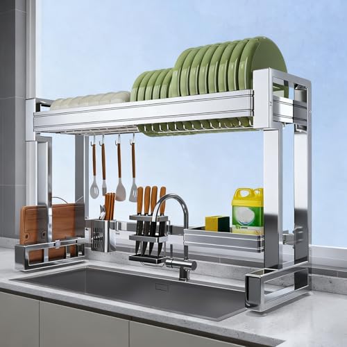 シンク上水切りラック、食器置き場 収納棚、 省スペース 多機能台所収納棚、大型食器収納ボックス、組み立て簡単、防錆 キッチン収納、強化型 大容量(65*55cm/25.6*21.7in)