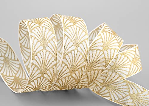 finemark 20 m x 25 mm Art Nouveau Cream Ivory Gold Gift Ribbon Bow Ribbon Decorative Shiny Ribbon Christmas Party Wire Edge Ribbon Decorating Craft Gift Wrapping - Image 2