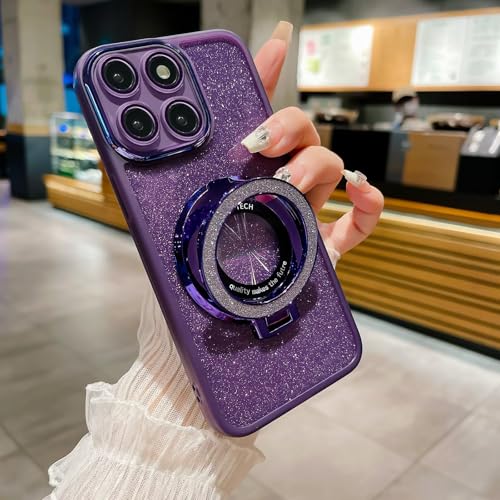 HAONANDE Magnetic Glitter Case for Motorola Edge 60 Pro,Luxury Plating Cute Bling Sparkling Shiny Kickstand Clear Phone Case for Women Girls, Transparent Cover with Camera Protector Purple