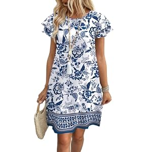 OFEEFAN Womens Summer Dresses 2026 Ruffle Sleeve Round Neck Loose Swing Sundresses with Pockets Plain/Print