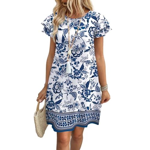 OFEEFAN Womens Summer Dresses 2026 Ruffle Sleeve Round Neck Loose Swing Sundresses with Pockets Plain/Print