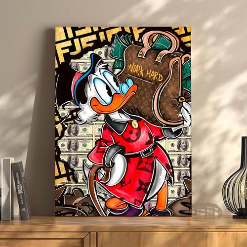 Image of Luxury Cartoon Duck Money Pop Art Canvas Painting For Living Room | Work Hard Success Theme Graffiti Wall Art Painting | Modern Street Style Artwork for Home & Office, 41x56 cm