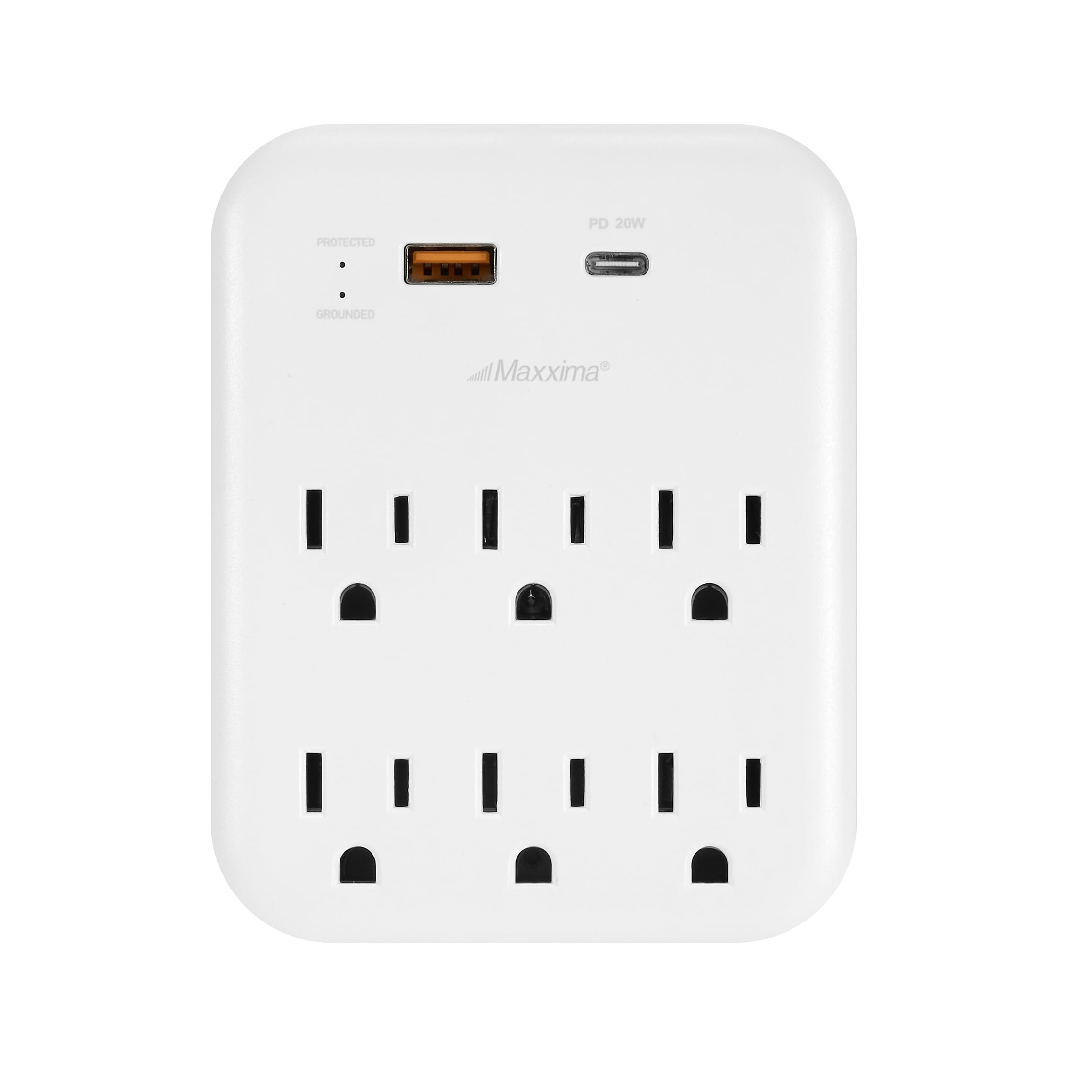 Maxxima 6 Outlet 1 USB-A 1 USB-C Grounded Plug Adapter, 1200 Joules Surge Protection, 3.1A Charging Ports, Power Delivery QC 3.0, 20W Wall Plug Power