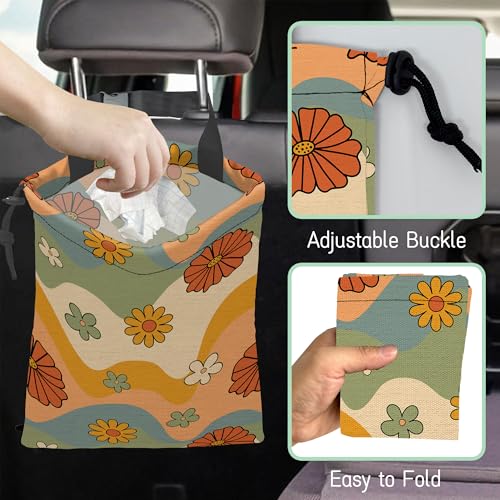 Image of Groovy Floral Waves Car Garbage Bag,Waterproof Small Car Trash Bag Hanging Back of Seat,Drawstring Hanging Car Trash Bag with Adjustable Buckle for Car Accessories