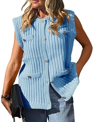 PEHMEA Women's Crochet Chunky Knit Top Sleeveless Button Down Tops Trendy Cardigan Sweater Vest for Women