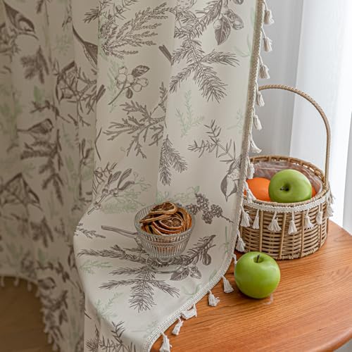 Image of Bird Botanical Curtains 96 Inches Long, Boho Farmhouse Light Filtering Rod Pocket Drapes with Tassel Trim for Bedroom Living Room, 2 Panels
