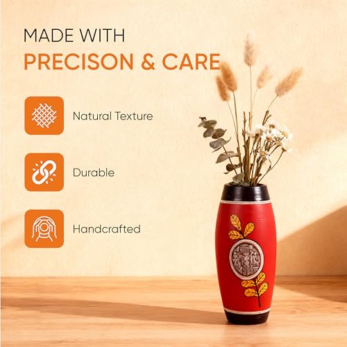 Image of Aakriti Art Creations Ruby Blossom Red Terracotta Barrel Vase | Handmade Matte Finish Floral Art Decorative Flower Vase | Living Room Table Decor, Shelf Showpiece & Housewarming Gift