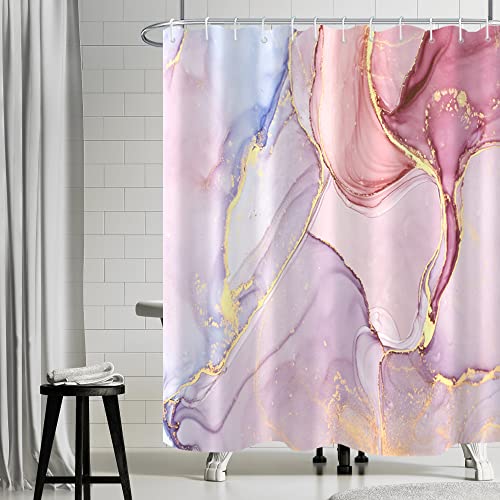 Uiiooazy Rideau de Douche Rose Rideau Douche Marbre Moderne Art Rideaux de Douche Anti Moisissure Imperméable Tissu Polyester Lavable Rideau de Baignoire avec 12 Crochets pour Salle de Bain 180x200cm
