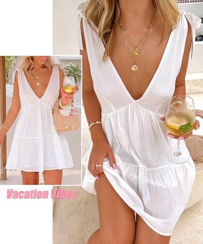 Image of Women Flowy Mini Dress Sundress V Neck Tie Shoulder Backless Babydoll Dress Going Out Dresses