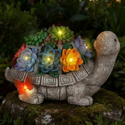 Solar Garden Outdoor Statues Turtle with Succulent and 7 LED Lights -Waterproof Animal Lawn Decor Statue for Patio, Balcony, Yard Ornament for Mom Grandma Women
