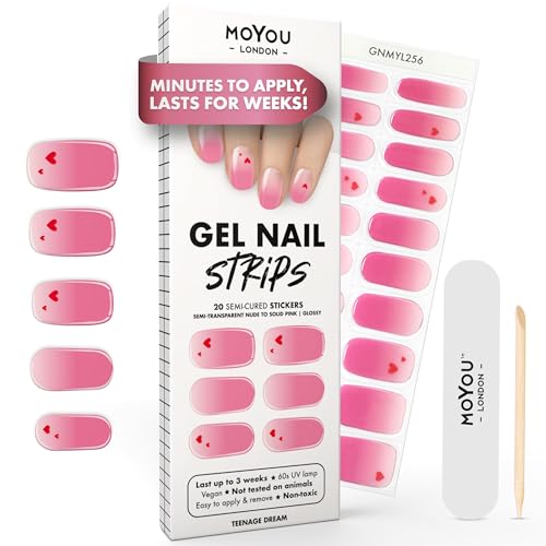 MOYOU LONDON Semi Cured Gel Nail Strips - 20 Pcs. Waterproof Gel Nail Wraps, Cures in Sunlight or UV/LED Lamp, Lasts Up to 2+ Weeks, Stretchable, Easy to Apply & Remove, Vegan & Cruelty-Free