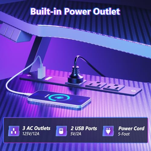 MOTPK Gaming Desk with Power Outlet & LED Lights, Computer Desk 48 Inch with PC Storage Shelf, Gaming Table with Carbon Fiber Texture, Gamer Desk, Gift for Boys Men, Black - Image 6