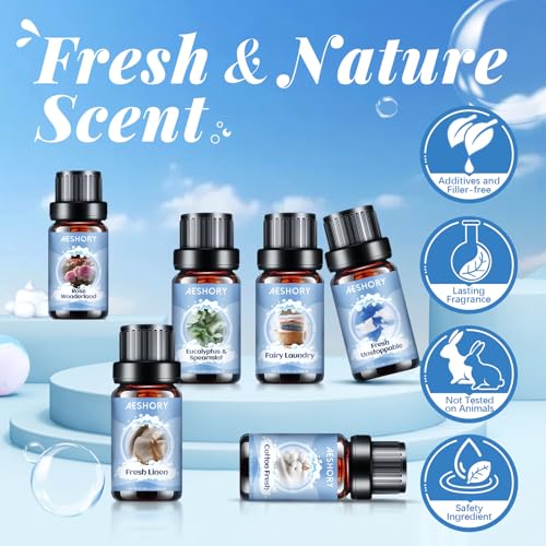 Aeshory 6 x 10ml Laundry Essential Oils Set, Natural Clean Fragrance Oil for Diffuser, Candle, Soap Making - Fresh Unstoppable, Linen, Cotton Fresh, Eucalyptus&Spearmint, Fairy Laundry, Rose Wonder - Image 2