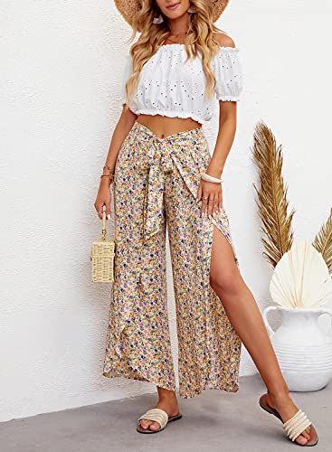 ReachMe Womens Casual Palazzo High Waisted Flowy Wide Leg Pants Bowtie Front Split Wrap Pants Trousers3