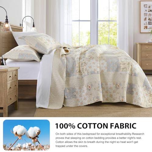 DDUOXIN California King Quilt (128"x120") - 100% Cotton Reversible Oversized King Bedspread with 2 Pillow Shams, Farmhouse Floral Lightweight Bedspreads Coverlet Sets, Beige/Brown/Cream White — view 3