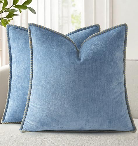 Image of decorUhome Fall Chenille Soft Cozy Throw Pillow Covers 18x18 Set of 2, Modern Farmhouse Boho Velvet Decorative Pillow Cases with Stitched Edge for Couch Sofa Bed Home Decor, Blue