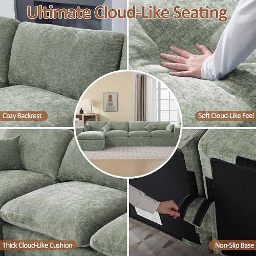 Image of 146''Cloud Boneless Sectional Couch, Modular Sectional Sofa Deep Seat with Ottoman, Oversized Upholstered Convertible Comfy 5 Seater Chenille Sofa L Shape Couches for Living Room, Green