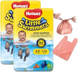 Swim Nappies - Disposable Huggies Swimming Nappies For Babies With 200 Tilz Nappy Bags Little Swimmers Size 2-3 (7-15kg) - 24 Waterproof Nappies For Swimming - Great For Summer Outdoors Paddling Pools