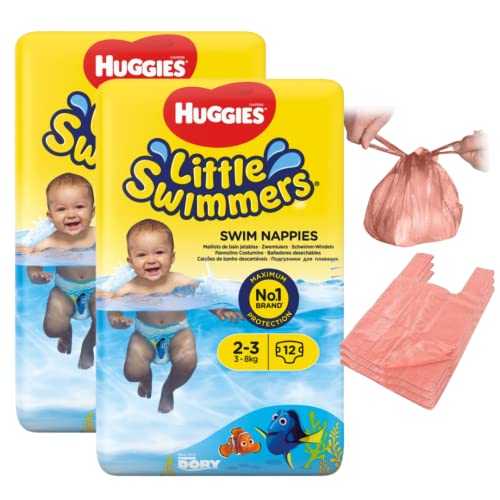 Swim Nappies - Disposable Huggy Nappies for Babies with 200 Tilz Nappy Bags Little Swimmers Size 2-3 (7-15kg) - 24 Waterproof Nappies for Swimming - Great for Summer Outdoors Paddling Pools