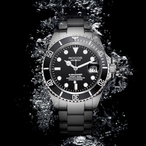 Image of ROCOSJEWE Men Analogue Silver Band Automatic Mechanical Watch Black /Green Dial Ceramic Bezel Waterproof Wristwatch Luminous Calendar Display Stainless Steel Adjustable Strap Gifts R0158Green