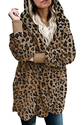 Women Hooded Cardigan Fuzzy Jacket Winter Open Front Fleece Coat Outwear with Pockets Leopard M