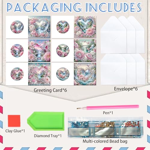 Image of 6 Pack Diamond Art Greeting Cards with Envelopes, Flowers and Hummingbirds DIY 5D Diamond Painting Card Kit, Handmade Rhinestone Postcards for Birthday & Valentine's Day Wishes (30x15cm)