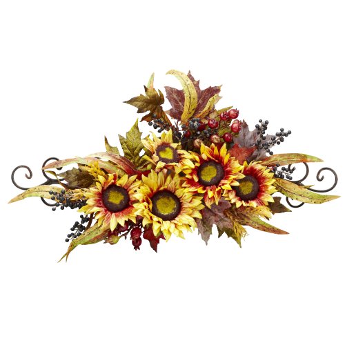 Nearly Natural 4932 Sunflower Swag with Metal Frame, Yellow 28.25″ x 10″ x 4.75″