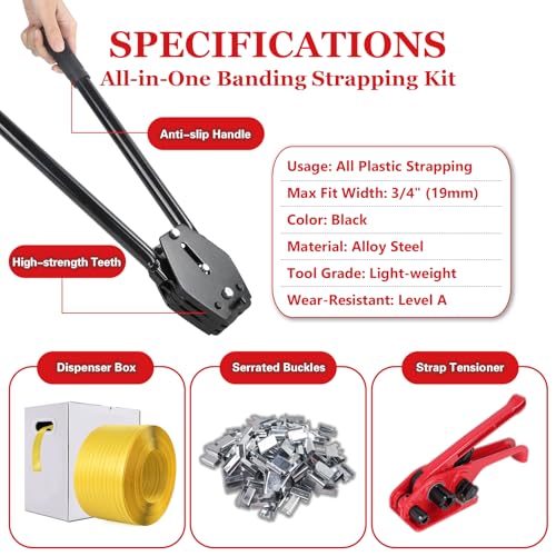 Image of Banding Strapping Kit, Poly Strapping Kit, Packaging Banding Tool with 1 /2 inch Width, 2600 ft Length Polypropylene Strapping Coil Roll and Dispenser Box - Certified 300 lbs Break