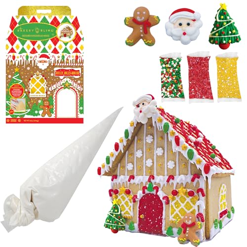 Holly Jolly Designer Insta-House Gingerbread Cookie House Decorating Kit for Christmas and Holidays with Pre-Baked Gingerbread House Cookies, Royal Icing, Sprinkles, Candies, Edible Decorations and Thermoform Mold for Easy Assembly