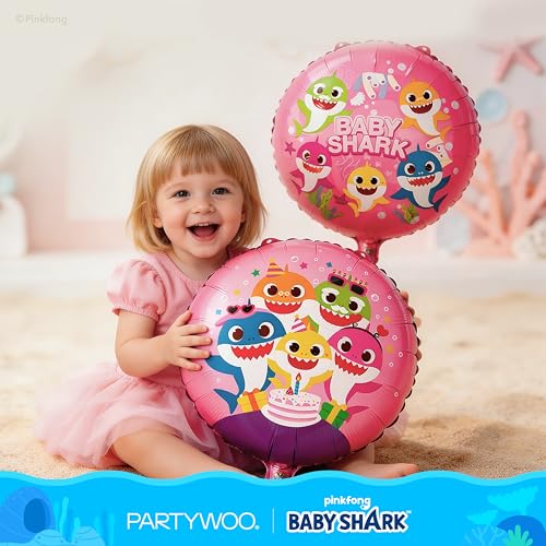 Image of PartyWoo Baby Shark Pink Foil Number 2 Balloon 5pcs 40 18 Inch Pink Round Star Mylar Helium Birthday Balloons for Boys and Girls Baby Shark Under the Sea Ocean Kids Second Birthday Party Decorations