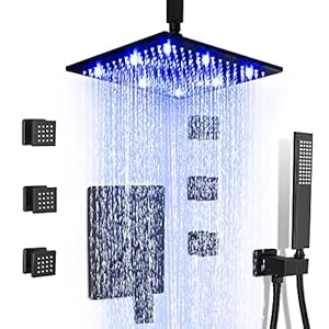 SKOWLL Matte Black High Pressure Shower Faucet Set with 3 Function Shower Faucet 12 Inch LED Square Shower Faucet Ceiling Mount Shower System with 6 Body Jets