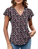 LOMON Womens Flutter Sleeve Tops Dressy Casual Flowy Cute Blouses 2025 Summer Ruffle Short Sleeve V Neck Loose Fit Tunic Flattering Trendy Pleated T-Shirt Work Business (BP Floral,XXL)