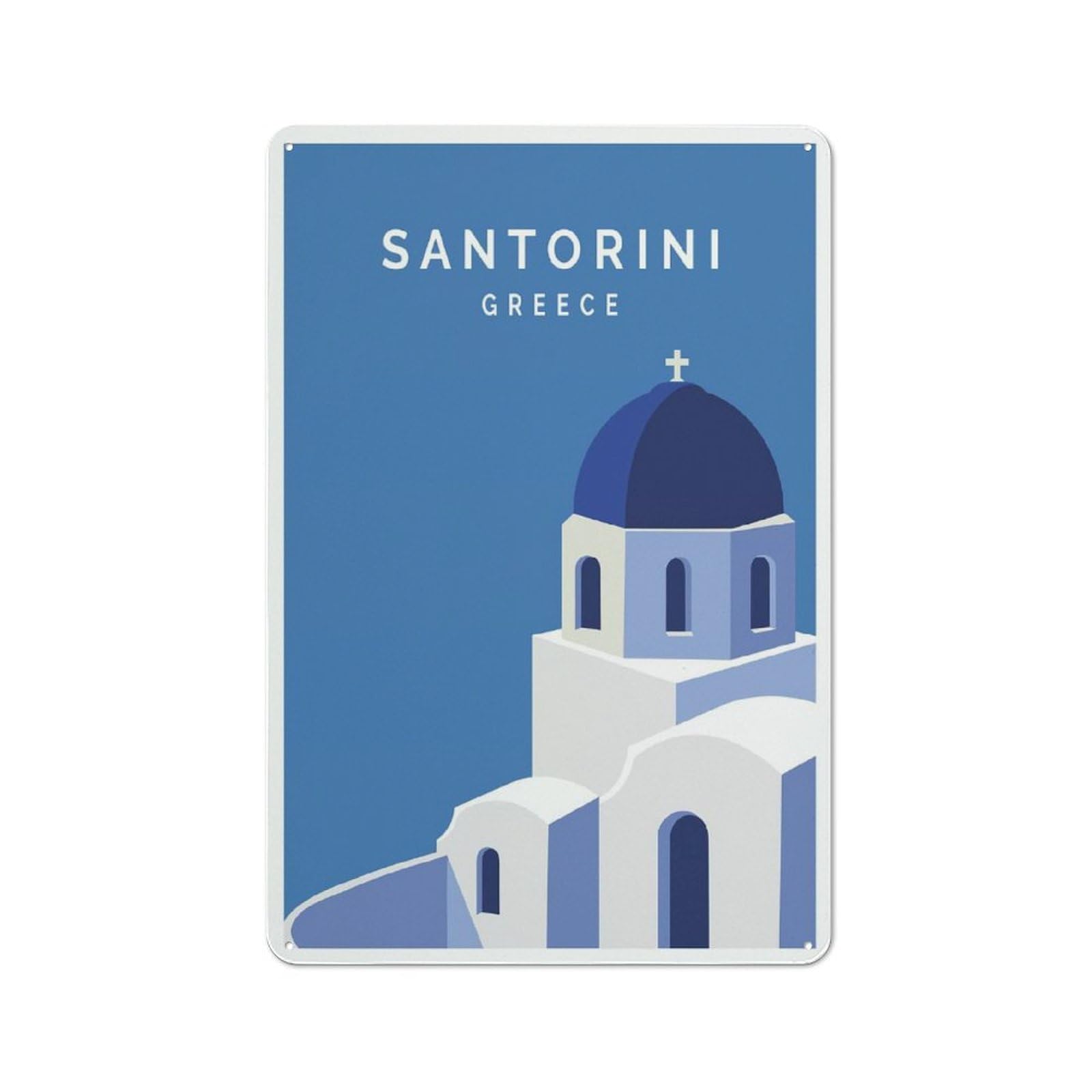 Workshop Style Santorini Greece Minimalist Travel Decorative Metal Plaque 30x20cm, Shed Wall Plaque for Tool Room, Garage, Studio Or Home Bar