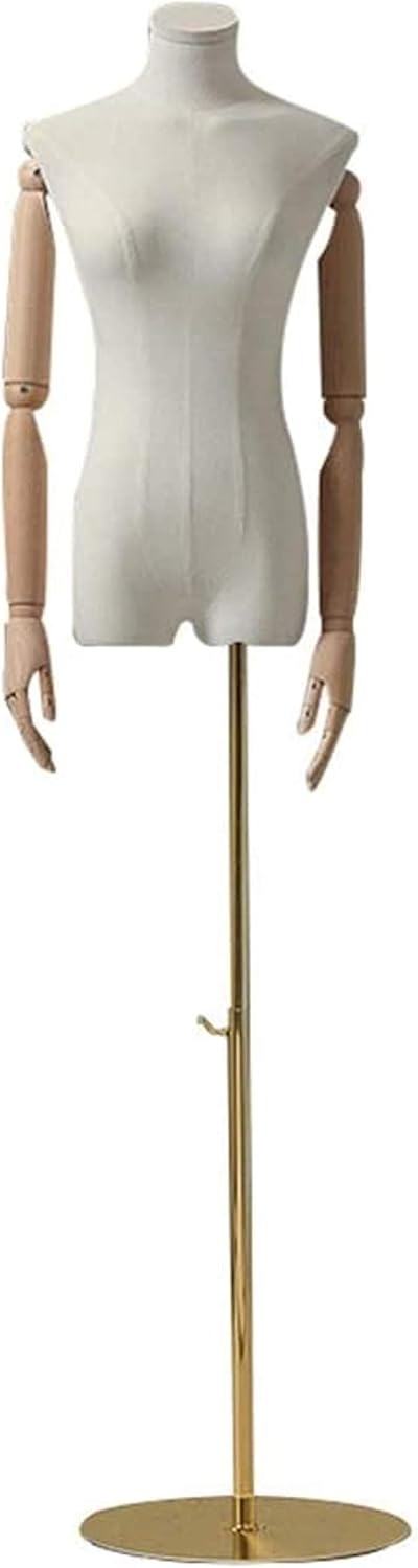 Female Mannequin Torso Body Dress Form with Wooden Arms and Metal Round Stand for Clothing Jewelry Display, Gold-One Size