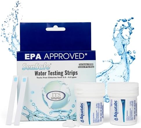 Drinking Water Essentials Kit - 200 Aquatabs Water Purification Tablets + 50 Chlorine Test Strips - for Boat and RV Tanks - By Aquamarine Water Solutions