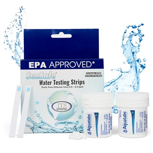 Drinking Water Essentials Kit - 200 Aquatabs Water Purification Tablets + 50 Chlorine Test Strips - for Boat and RV Tanks - By Aquamarine Water Solutions