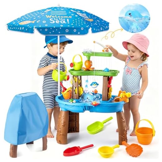 Hogaruly 2026 Toddler Water Table with Umbrella & Fishing Game Set, Kids Outdoor Water Tables Toy with Auto Electric Pump Birthday Gift for 3-8 Years Old Kids Activity Sensory Playset for Boys Girls