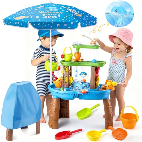 Hogaruly 2026 Toddler Water Table with Umbrella & Fishing Game Set, Kids Outdoor Water Tables Toy with Auto Electric Pump Birthday Gift for 3-8 Years Old Kids Activity Sensory Playset for Boys Girls by Hogaruly - Used condition - US$37.61