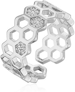 Cubic Zirconia Bee Honeycomb Ring Open Engagement Statement Wedding Stacking Finger Rings Adjustable Fashion Diamond Crystal Unique Thumb Ring Cute Jewelry for Women Men