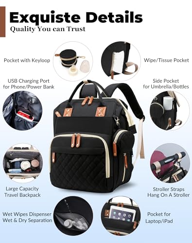 Image of Diaper Bag with Changing Station, Waterproof 3 in 1 Diaper Backpack with Foldable Changing Pad, Insulated Bottle Holders,Large Travel Backpack for Mom & Dad, Baby essentials,Black