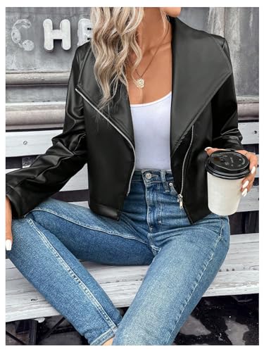 MakeMeChic Women's Faux Leather Jackets Zip Up Long Sleeve Open Front Short Moto Biker Cropped Coat3