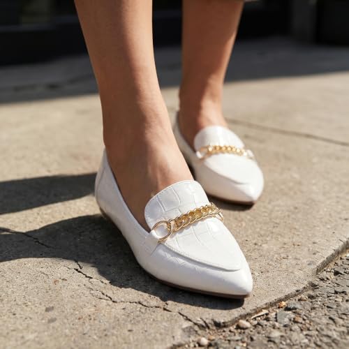 Image of Tilocow Metal Chain Loafers for Women Pointed Toe Slip on Flats Comfortable Fashion Work Shoes