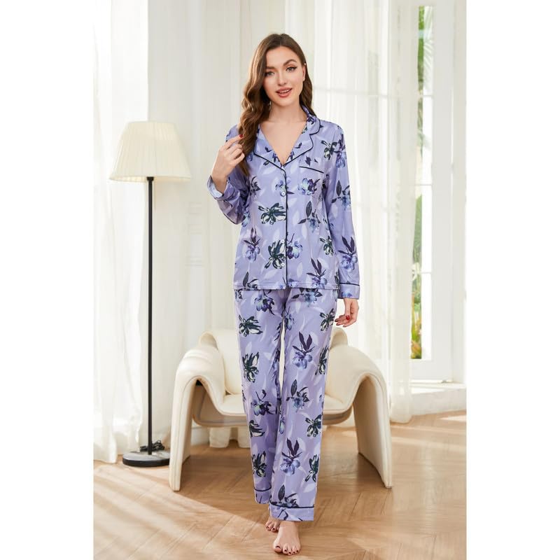 Image of LYCY Womens Pajama Sets Floral Print, Long Sleeve Button Down Pajamas Set for Women Soft Sleepwear Pjs 2 piece Loungewear