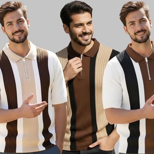Image of AUSK Men's Textured Vertical Striped Knit Polo T-Shirt | Half Sleeve Zipper Neck Self-Design Casual Tee | Mens Tshirts
