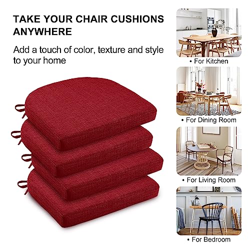 Image of Wellsin Chair Cushions for Dining Chairs 4 Pack - Kitchen Chair Cushions with Ties and Non-Slip Backing - Dining Chair Pads 16 inchX16 inchX2 inch, Red