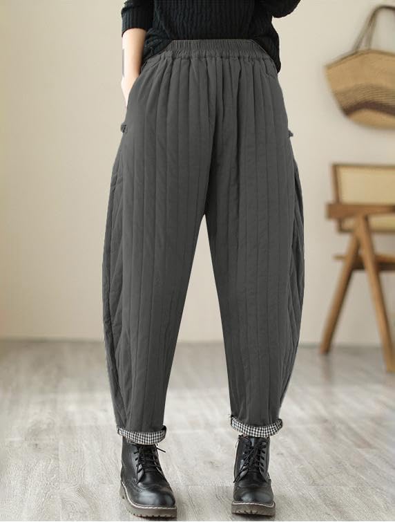 WROLEM Women Winter Warm Down Cotton Pants Thicker Padded Quilted Pants Relaxed Fit Wide Leg Trousers with Pockets - Image 2