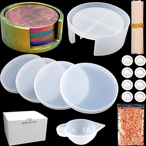 MOUGIGI Resin Molds Silicone Kit, 4PCS Resin Coaster Molds and 1PCS Coaster Storage Box Mold,Round Coaster Resin Molds for Making Cup Mats, Home Decoration. MOUGIGI Resin Molds Silicone Kit, 4PCS Resin Coaster Molds and 1PCS Coaster Storage Box Mold,Round Coaster Resin Molds for Making Cup Mats, Home Decoration.