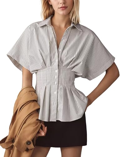 Women Striped Button Pleated Shirts Short Sleeve Summer Casual Peplum Blouse