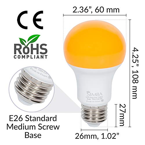 Simba Lighting LED Bug Repelling Yellow Bulb 6W 40W Equivalent, Great for Outdoor Porch Light, Night Light, Dusk-to-Dawn Smart Sensor Auto On/Off, Amber Warm 2000K, A19 E26 Medium Base, Pack of 4 - Thumbnail 2