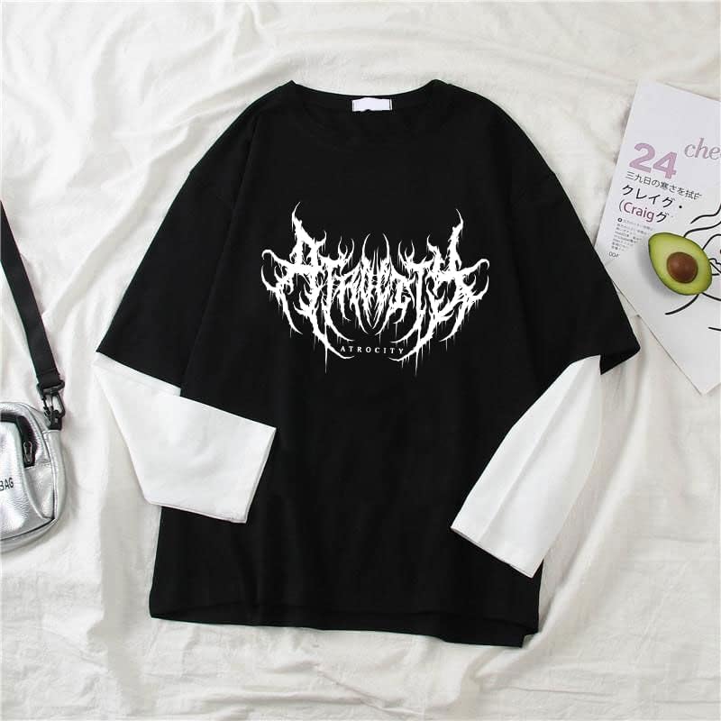 Goth Shirt Gothic Shirt Fake Two-Piece Alternative Clothing Goth Long Sleeve Top Grunge Clothes - Image 2